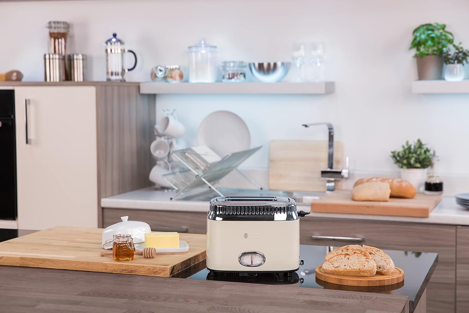 Russell Hobbs Toaster [für 2 Scheiben] Retro Edelstahl Creme (Countdown-Anzeige im Retrodesign, inkl. Brtchenaufsatz, 6 Brunungsstufen + Auftau- & Aufwrmfunktion, 1300W) Vintage 21682-56