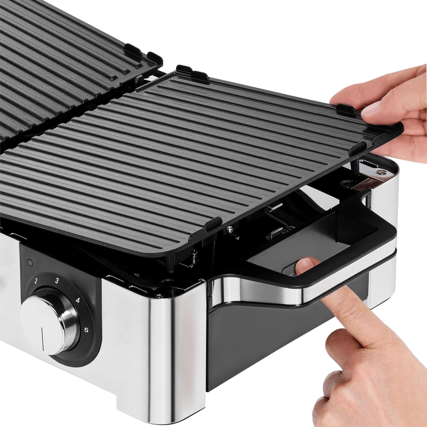 WMF Lono Master-Grill, Grill Elettrico, 50x28 cm, Grill Elettrico da Tavolo con Paravento e Vaschetta Raccogligocce, Certificato per Esterni per Barbecue, 2 Superfici di Cottura Regolabili Separatamente, 2400 W, Acciaio Inossidabile Opaco