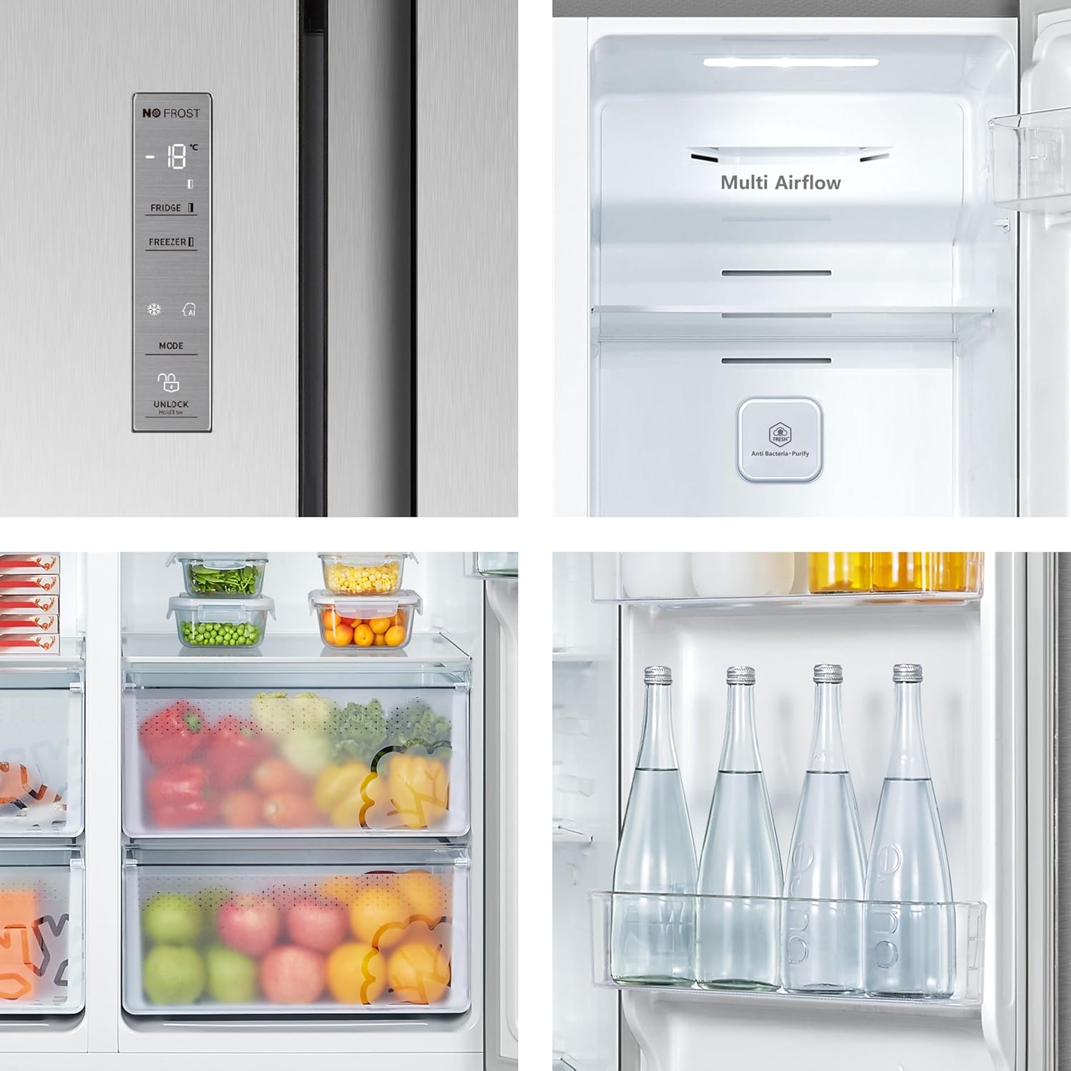 Hisense RS677N4BFD Frigorifero Americano Side by Side / Compressore Inverter / Porta Bottiglie / 2 FreshZone / Vano Verdure / Capacità Frigo 334 L / Capacità Congelatore 185 L / 41 dB / 247 kWh all'anno, Nero