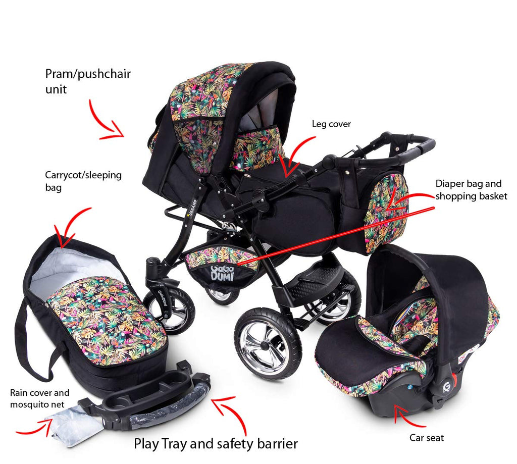 GaGaDumi Urbano 3 in 1 Kombikinderwagen Kinderwagen mit Autositz Komplettset incl Babyschale Buggy Wickeltasche Regenschutz Moskitonetz Voll-Gummireifen Beige/Schwarz