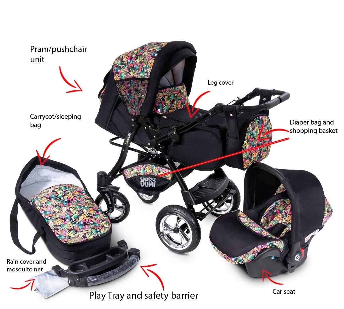 GaGaDumi Urbano 3 in 1 Kombikinderwagen Kinderwagen mit Autositz Komplettset incl Babyschale Buggy Wickeltasche Regenschutz Moskitonetz Voll-Gummireifen Beige/Schwarz