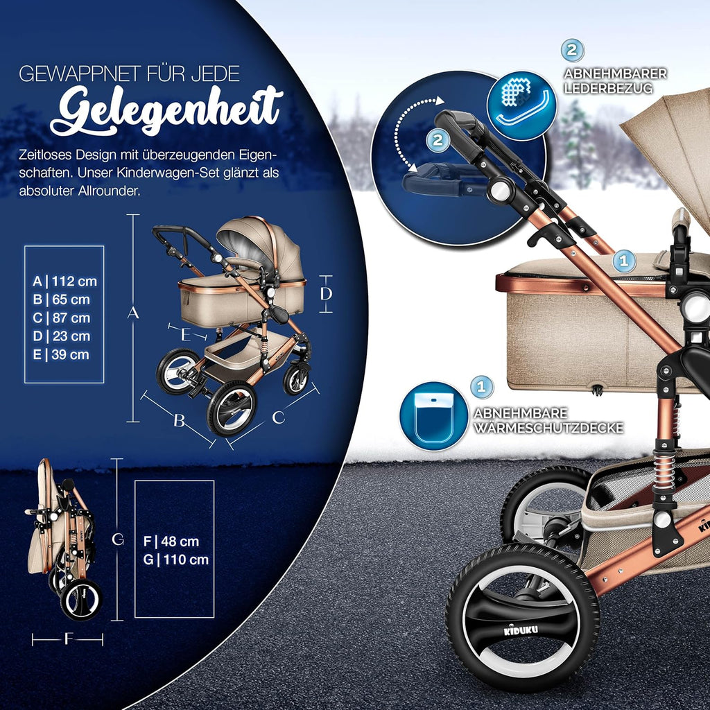 KIDUKU® Set completo passeggino 3 in 1 | Set passeggino combinato con navicella e sedile sportivo passeggino e seggiolino auto ovetto sacco a pelo | Ruote in gomma piena borsa per il cambio scaldamani parapioggia tavolino ECE R129