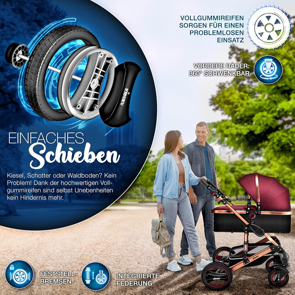 KIDUKU® Set completo passeggino 3 in 1 | Set passeggino combinato con navicella e sedile sportivo passeggino e seggiolino auto ovetto sacco a pelo | Ruote in gomma piena borsa per il cambio scaldamani parapioggia tavolino ECE R129