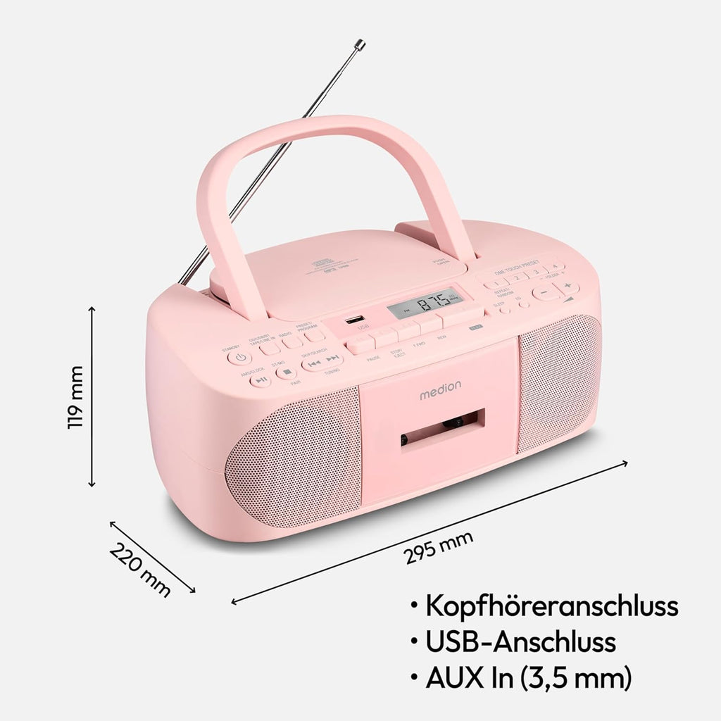 MEDION E65010 Radioregistratore stereo (lettore CD, cassetta, porta USB, ingresso audio AUX, riproduzione MP3, radio PLL FM, 40 stazioni memorizzabili, funzionamento a batteria, telecomando) bianco