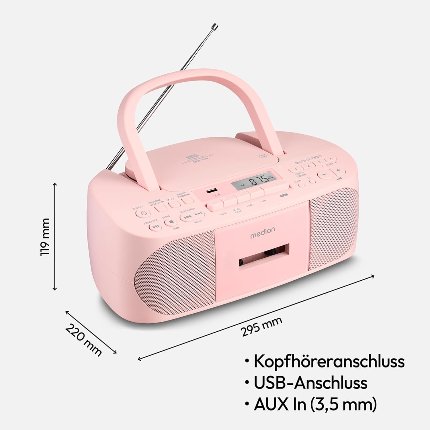 MEDION E65010 Radioregistratore stereo (lettore CD, cassetta, porta USB, ingresso audio AUX, riproduzione MP3, radio PLL FM, 40 stazioni memorizzabili, funzionamento a batteria, telecomando) bianco