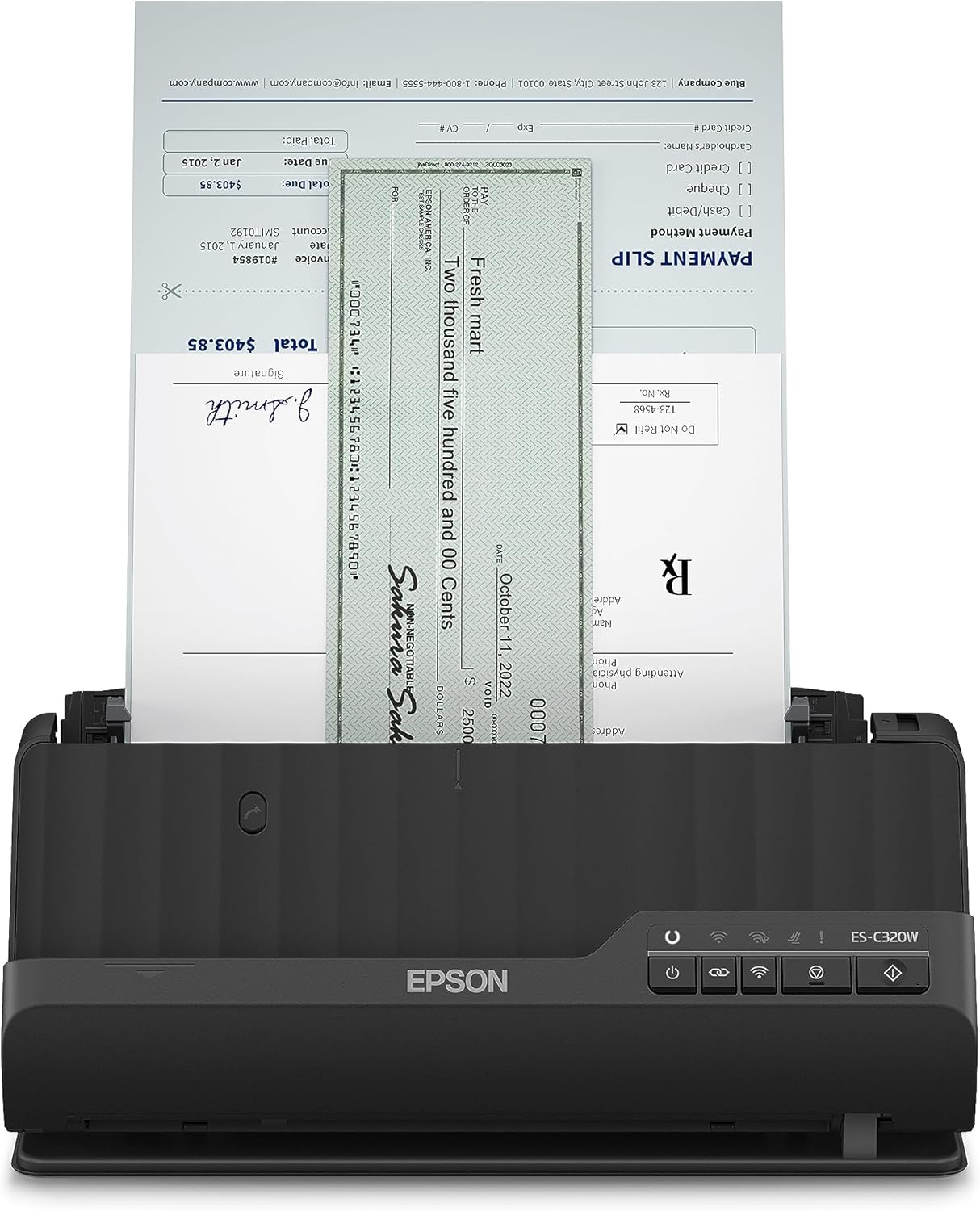 Scanner Wi-Fi Epson ES-C320W, scanner aziendale compatto A4 a basso consumo energetico, scanner a doppia alimentazione con gestione versatile dei supporti, nero