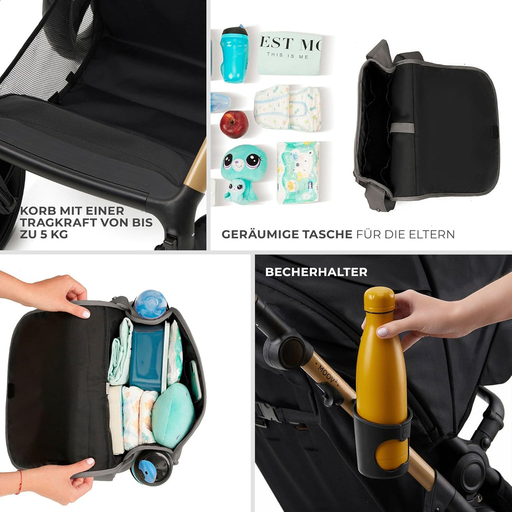 Kinderkraft MOOV2 AIR Passeggino 3 in 1, Set da 26 kg con seggiolino auto I-SIZE 40-75 cm, funzione passeggino, schienale reclinabile, ampia cappottina estensibile, ruote gonfiabili, grigio