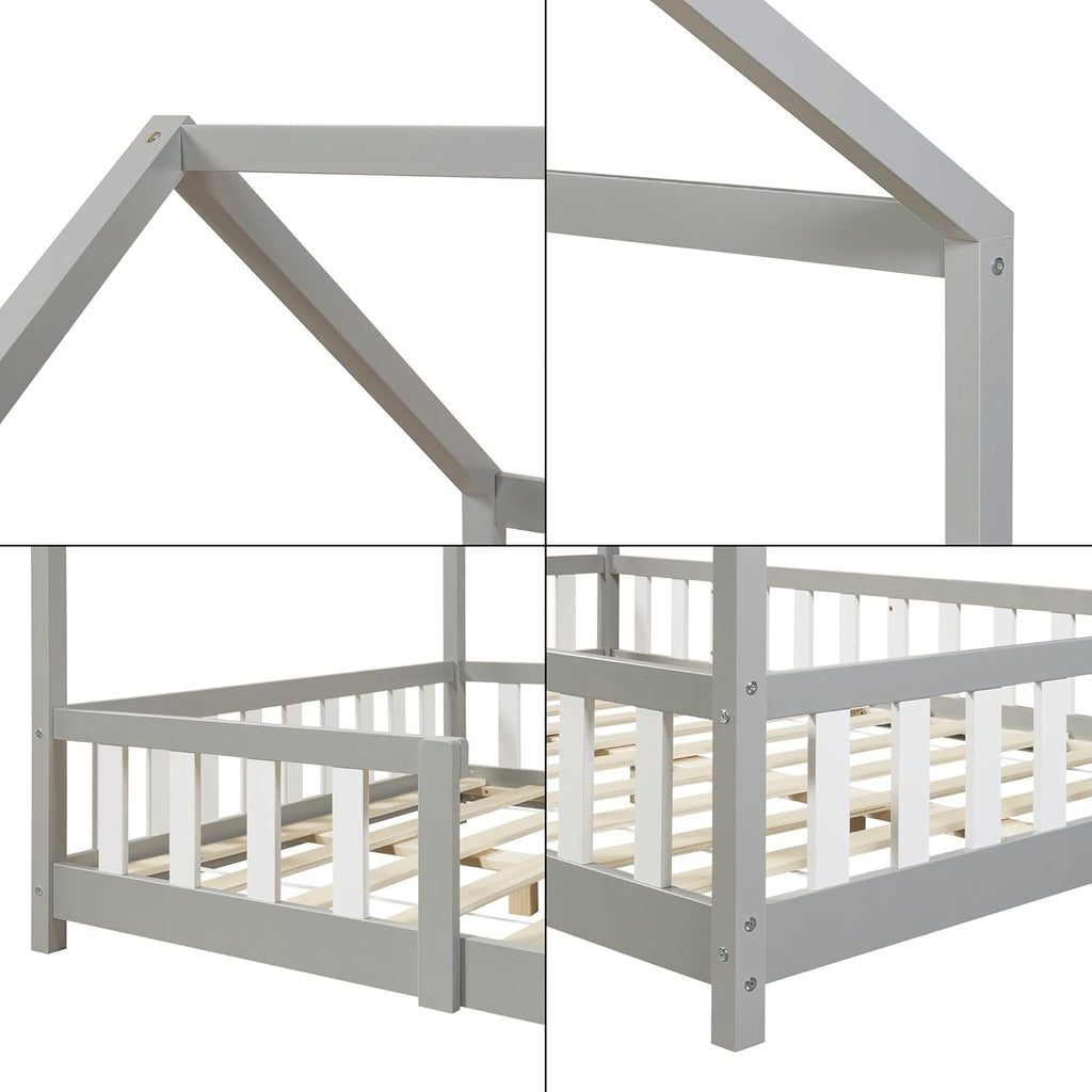[en.casa] Letto per bambini Sisimiut a capanna 80 x 160 cm con protezione anticaduta letto in legno per bambini letto a terra rete a doghe in legno di pino Bianco opaco