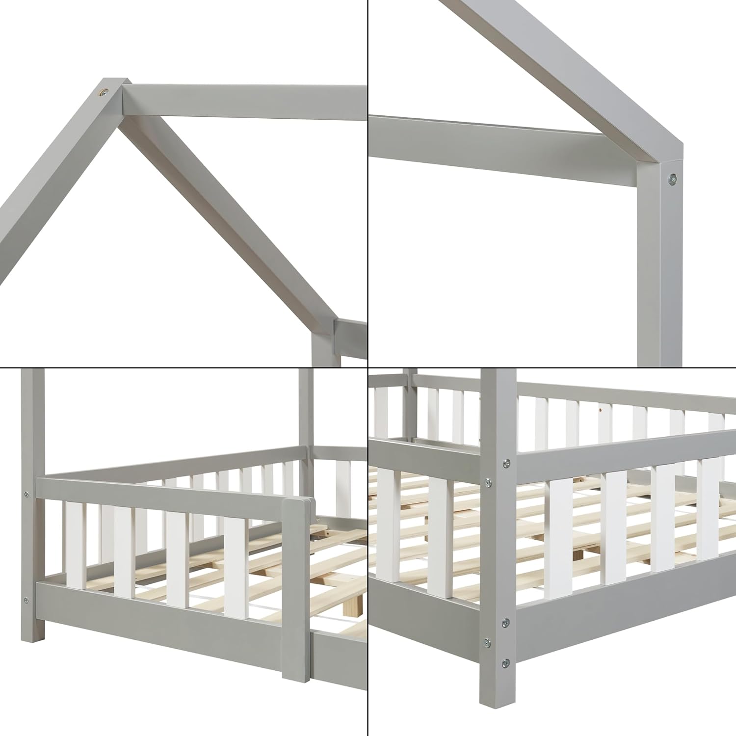 [en.casa] Letto per bambini Sisimiut a capanna 80 x 160 cm con protezione anticaduta letto in legno per bambini letto a terra rete a doghe in legno di pino Bianco opaco