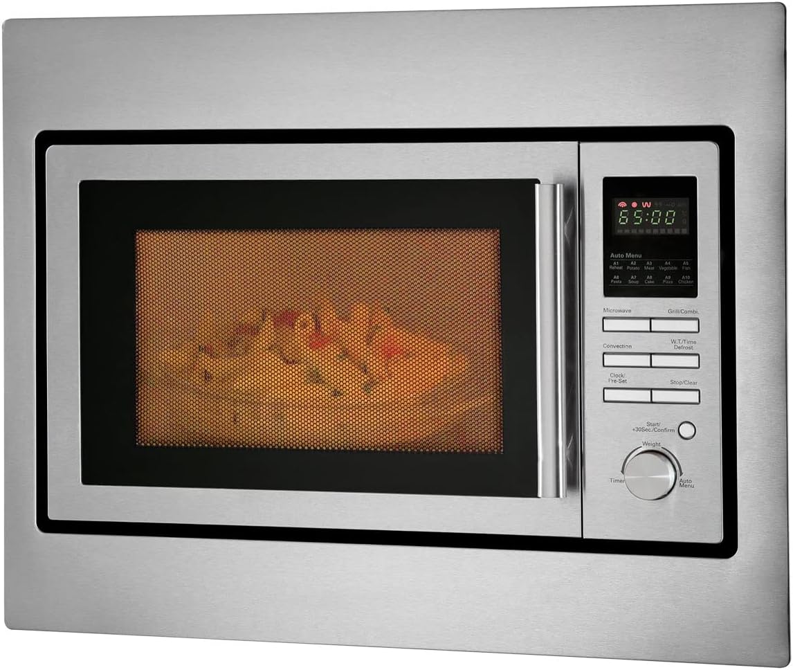 Bomann 3in1 Einbau-Mikrowelle mit Grill und Heiluft, Microwave, 25 L Garraum, 10 Automatikprogramme, Auftaufunktion, inkl. Grillrost und Drehteller ( 32 cm), 900 Watt, Edelstahl, MWG 2216 H EB