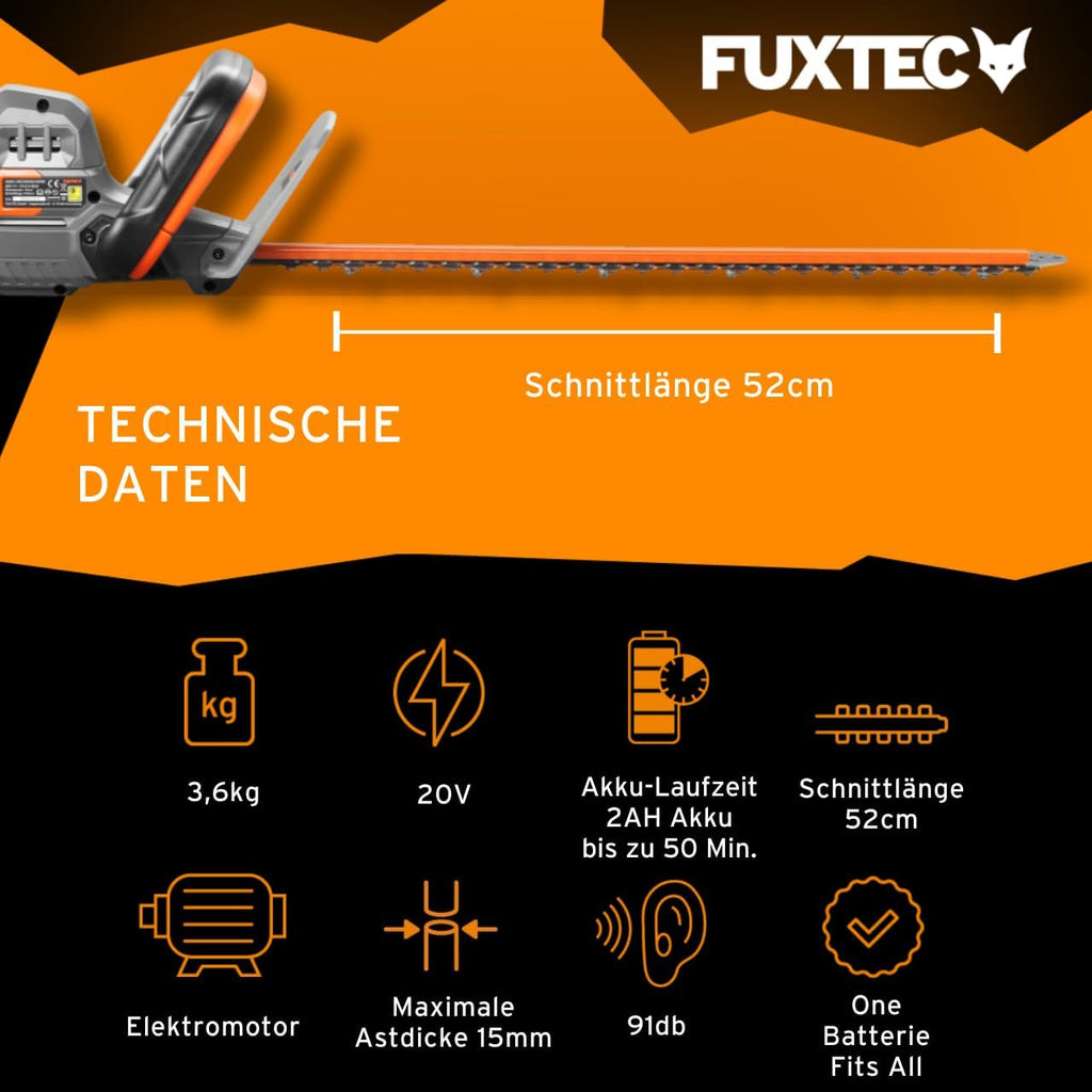 FUXTEC Heckenschere 20V inkl. Akku FX-E1HS20 Elektrischer Heckentrimmer mit Li-Ionen Batterie und Ladegerät – Schnittlänge 52 cm