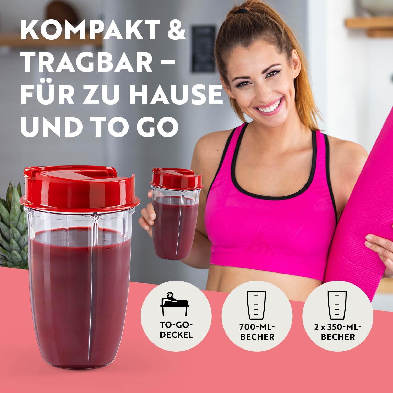 GOURMETmaxx Frullatore per Smoothie e Frullatore a Immersione Set da 18 pezzi - 400W | Frullatore Elettrico da 750ml, Mixer con 4 Bicchiere To-Go, 2 Lame, Spremiagrumi, Piedistallo e Coperchio | Lavabile in Lavastoviglie, a Prova di Perdite e Senza BPA