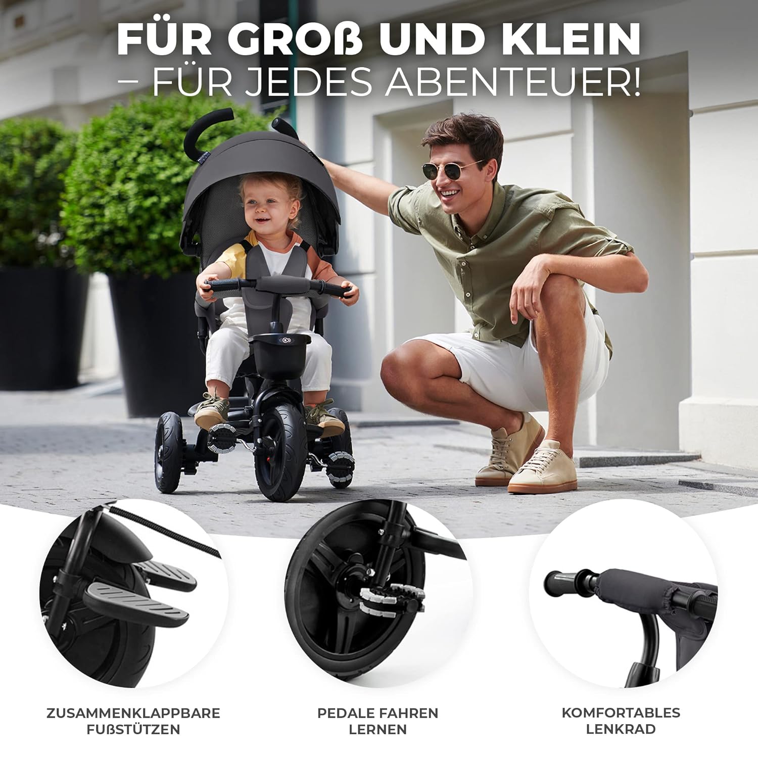 Kinderkraft AVEO Dreirad ab 9 Monate bis 25 kg, Kinderdreirad mit schubstange, Kompakte zusammenklappen, drehbarer Sitz, ausklappbarem Verdeck mit sonnenschutz, Getränkehalter korb im set, Rosa