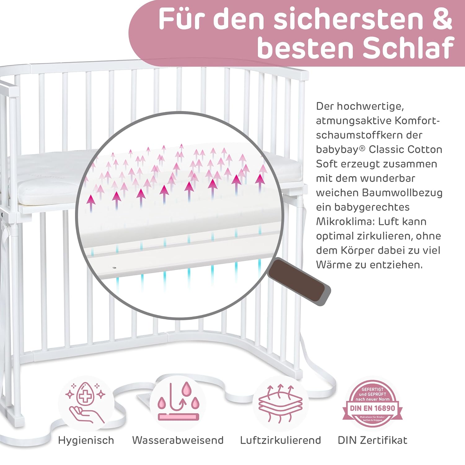 babybay Original Lettino da affiancare in massello di faggio / compatto e trasformabile / Altezza regolabile senza livelli preimpostati ed ecologico / Lettino evolutivo (laccato bianco) / Materasso incluso