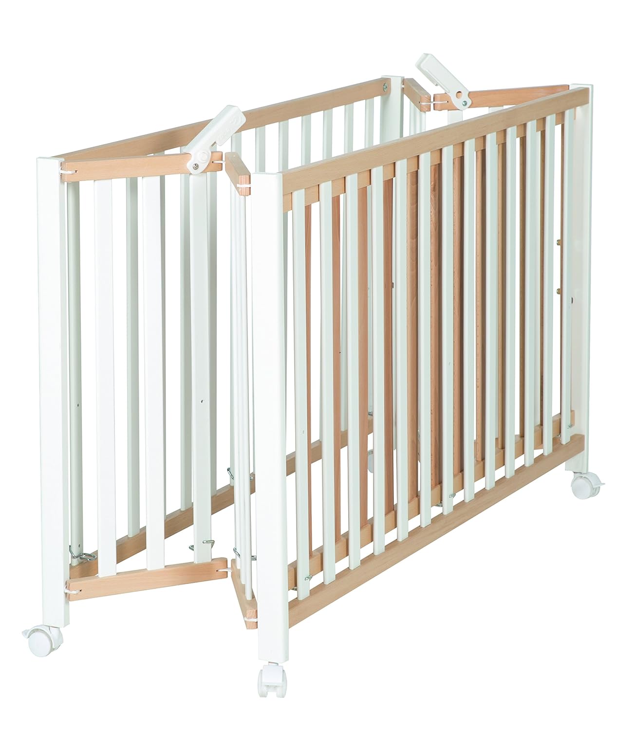 roba Klappbett Fold Up 60 x 120 - Klappbares Babybett aus Holz - 2-fach höhenverstellbar - Platzsparendes Gitterbett auf Rollen - Weiß