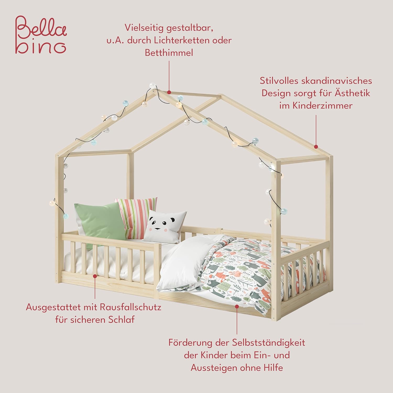 Bellabino Lettino per bambini Bia 140x200 cm, letto a capanna per bambini con protezione anticaduta e rete a doghe arrotolabile, letto a terra Montessori bianco in legno massello di pino
