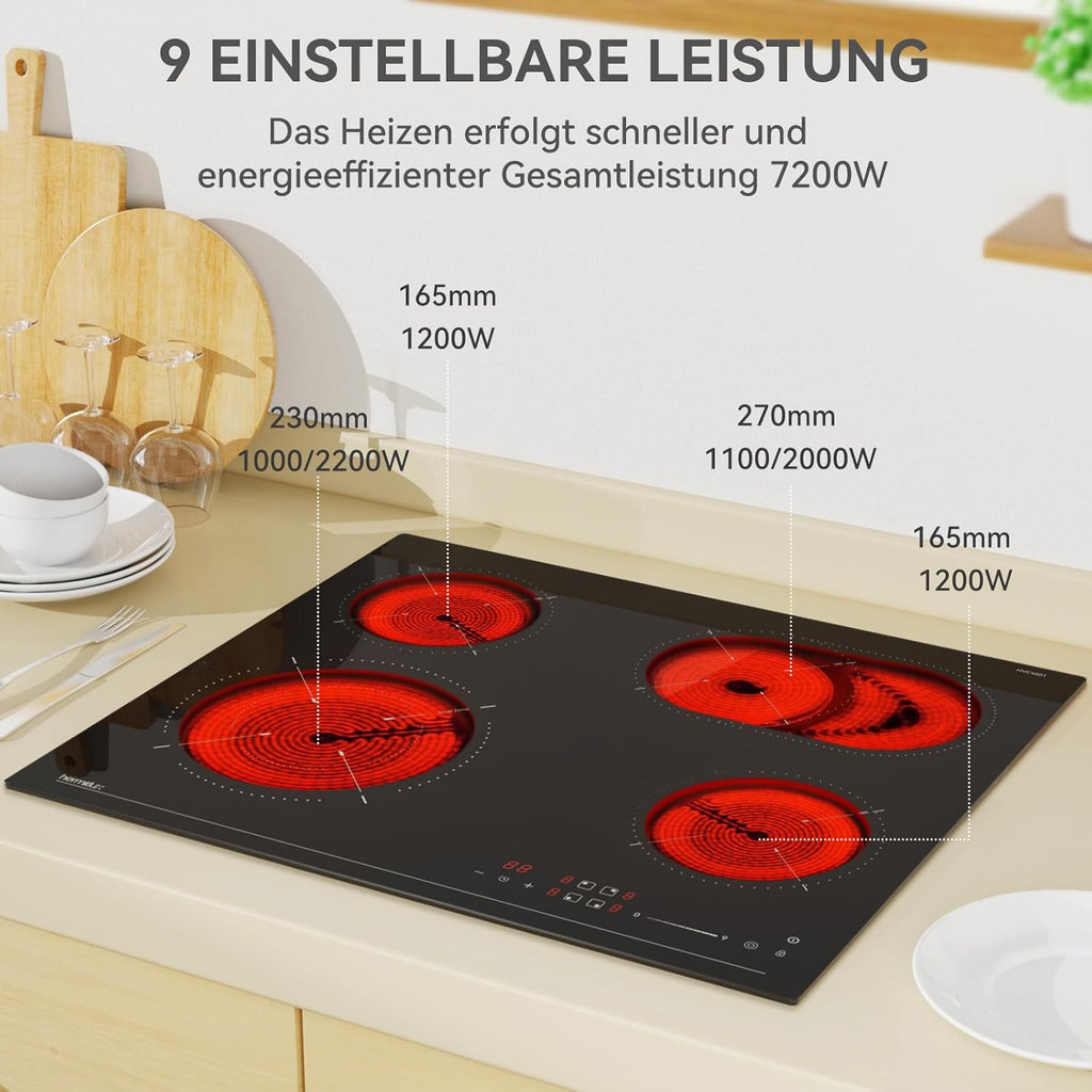 Hermitlux Domino Glaskeramikkochfeld,Eingebaut 29 cm schwarz Glaskeramik elektrisches Kochfeld,9 Leistungsstufen,Sensor-Touch-Steuerung, Kindersicherung, 1-99 Minuten-Timer,Geeignet für Alle Tpfe