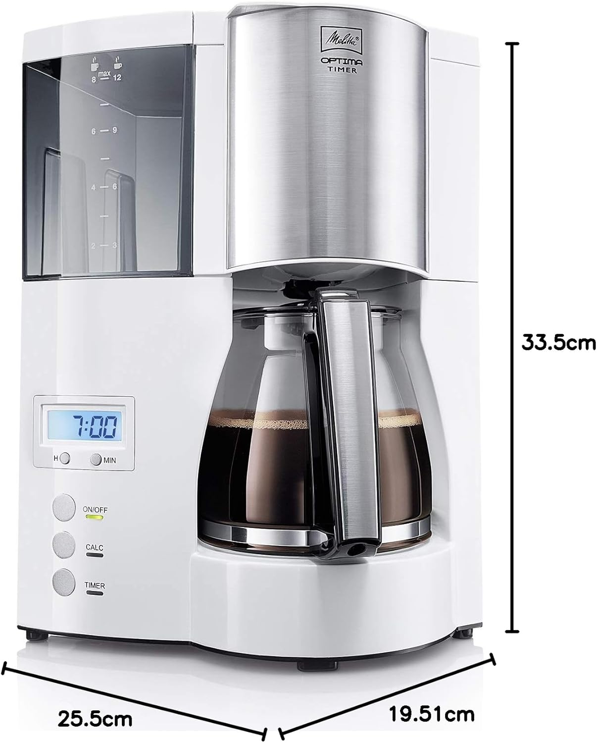 Melitta Optima Timer – Macchina da caffè con timer, macchina da caffè americano con caraffa in vetro e serbatoio dell'acqua rimovibile, per un massimo di 8 tazze di caffè, nero