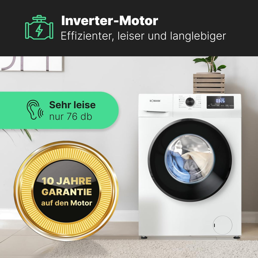 Bomann Lavatrice 7kg | max. 1400 giri/min | 10 anni di garanzia sul motore | motore inverter efficiente, silenzioso e durevole | 15 programmi | preselezione dell'ora di fine | display LED | WA 7175 bianca