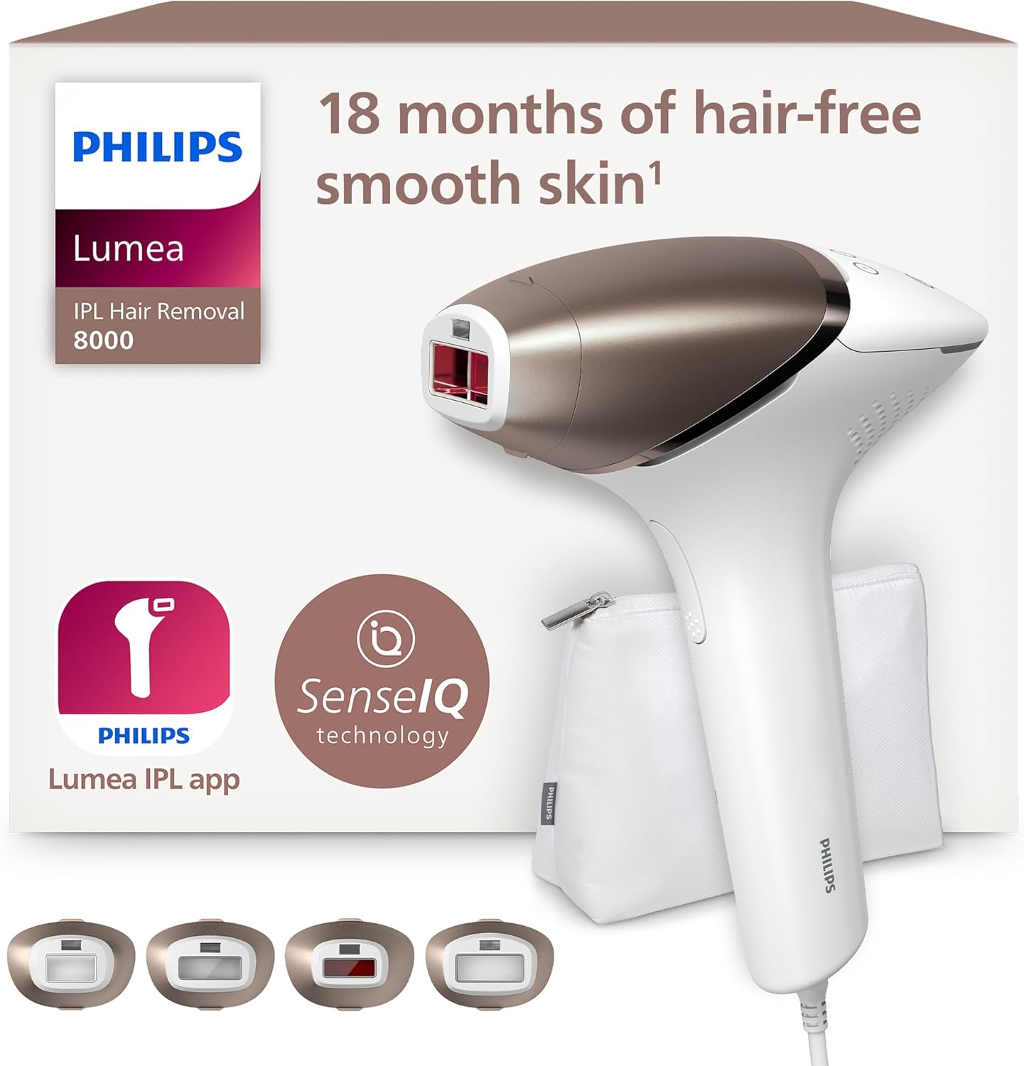 Philips Lumea Serie 8000, dispositivo per la depilazione a luce pulsata (IPL), alternativa alla depilazione laser, tecnologia SenseIQ, 4 accessori per corpo, viso, zona bikini e ascelle, modello BRI948/00