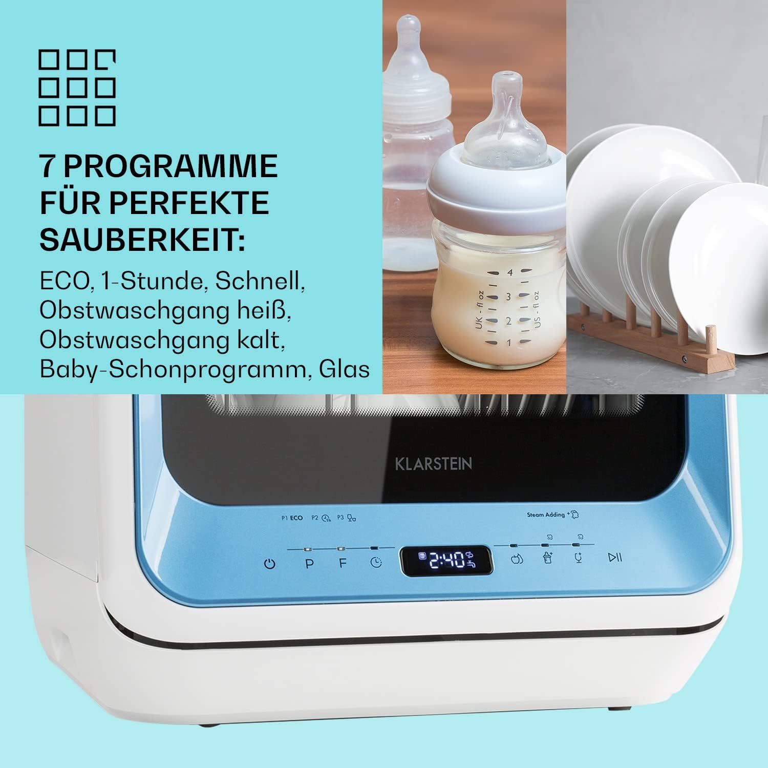 Klarstein ia Mini Lavastoviglie, lavastoviglie con spazio per 2 coperti, 6 programmi, richiede 5 litri d'acqua, display a LED, touch, lavastoviglie da tavolo incl. accessori, nero