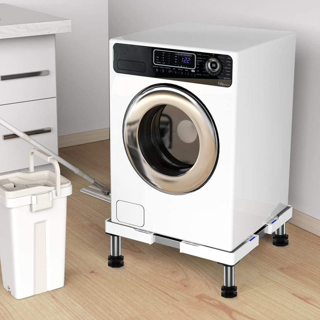 DEWEL Base Regolabile per Lavatrice, Carico Massimo 300KG, Supporto Piedistallo per Asciugatrice, Frigorifero, Congelatore, Larghezza 45-65cm, Altezza 18–22cm, Bianco