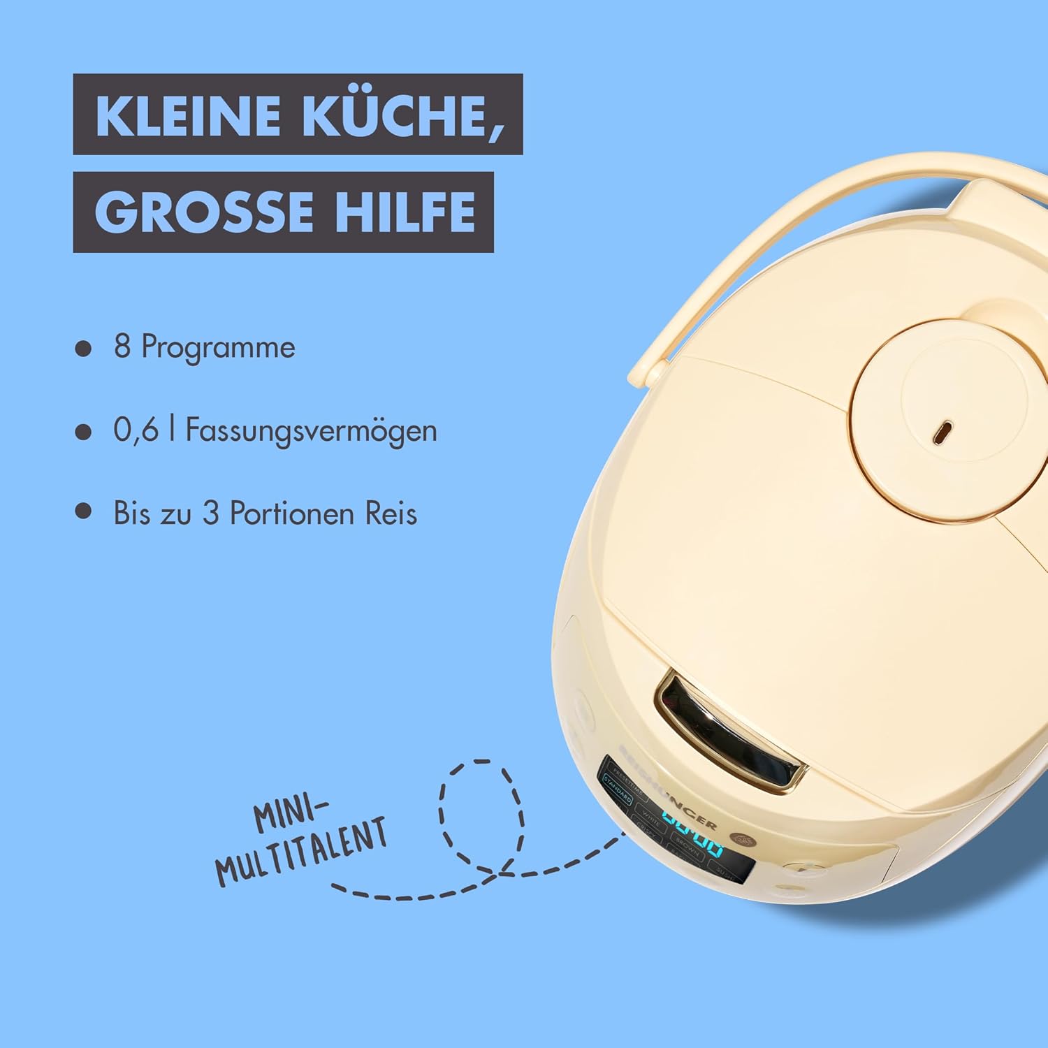 REISHUNGER Cuociriso digitale piccolo, nero | Da 0,6 L fino a 3 persone | Funzione mantenimento calore, timer e pentola premium | Multicooker e vaporiera piccoli, 8 programmi, tecnologia a 7 fasi