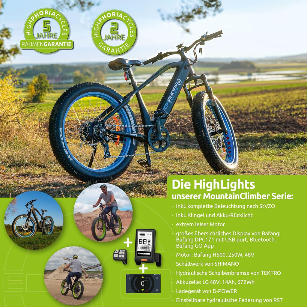 Highphoria Bici Elettrica Adulti, E-Bike 250W 25 km/h con Batteria, Motore Potente, Cambio a Catena, E-Mountain Bike con Forcella Ammortizzata Idraulica Pedelec per Uomo e Donna