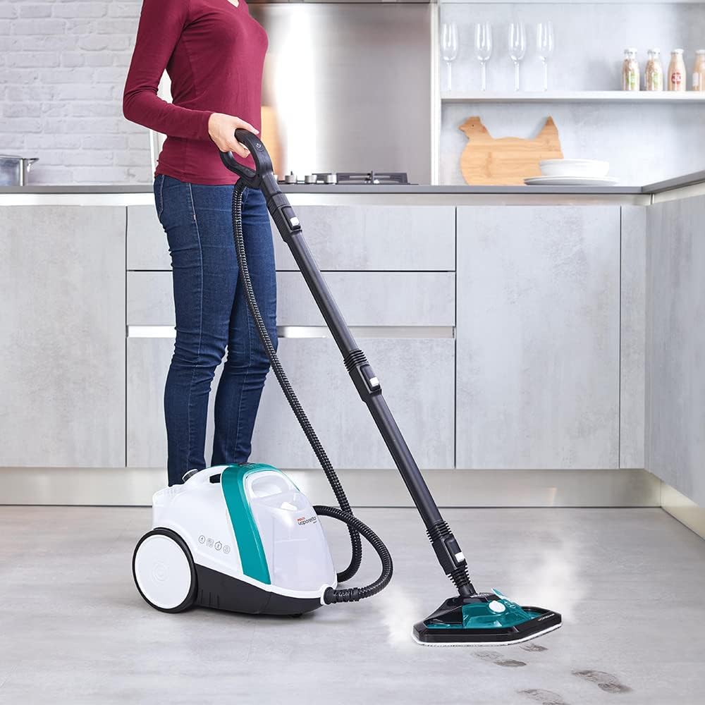 POLTI 8012628 Vaporetto   100 T Dampfreinigungsgert mit 4 Bar, ttet und beseitigt 99,99 Prozent Viren, Keime und Bakterien, Weiss/Türkis Metallic, Wassertankkapazitt 2 l, Dampfmenge 110 g/Min