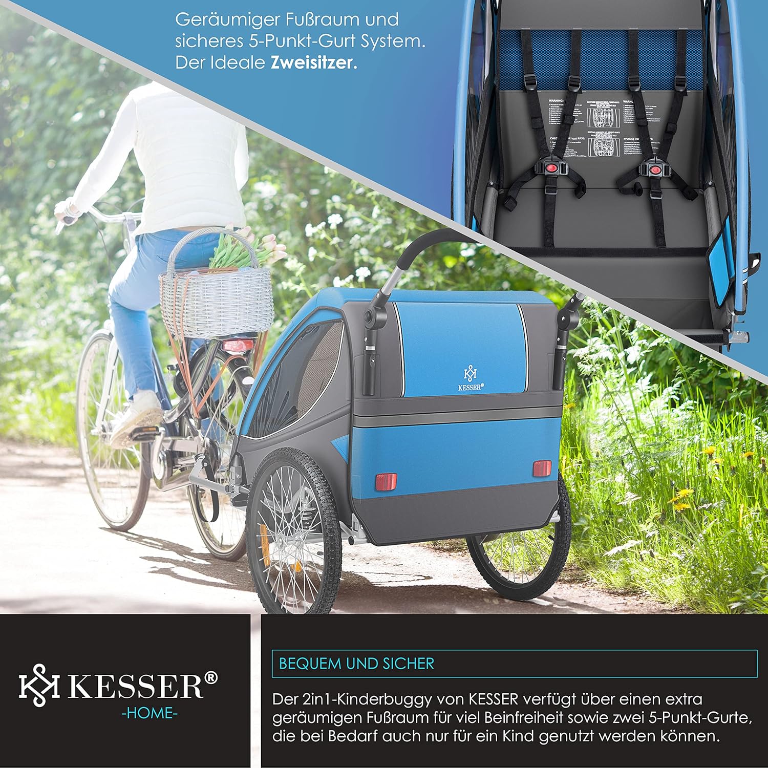 KESSER® Kinderanhänger Fahrradanhänger 360° Drehbar mit Federung 2in1 Joggerfunktion Kinderfahrradanhänger + 5-Punkt Gurt Jogger Fahrrad Anhänger für 1 bis 2 Kinder max. 40kg Inkl. Warnfahne Hellgrau