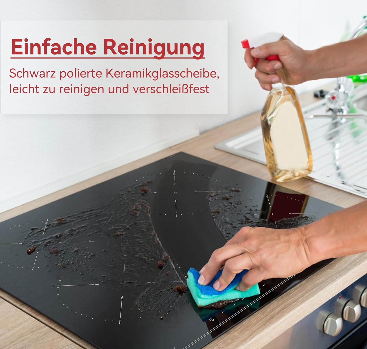 Induktionskochfeld 60cm, Eingebautes Schwarzes elektrisches Kochfeld, mit 4 Kochzonen, 9 Leistungsstufen, Geeignet für Eisen- und Edelstahltpf
