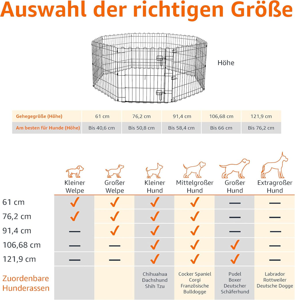 Amazon Basics - Achteckig, Laufgehege für Hunde und andere Haustiere, faltbar, Metall, mit Tür,122 cm, Schwarz