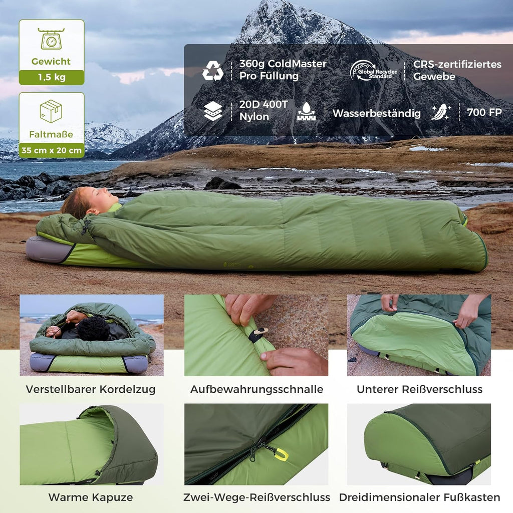 ATEPA Daunen Schlafsack Winter mit abnehmbare Decke, daunen Schlafsack XXL für 3-4 Jahreszeiten mit mattenbefestigung, Fußkasten, Zwei-Wege-Reißverschluss, Camping Outdoor