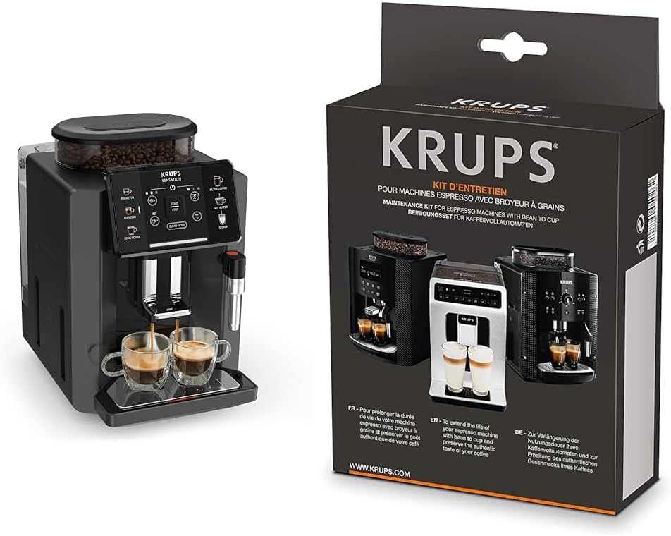 Krups Sensation Macchina da Caffè Automatica, Lancia Vapore, 5 Bevande, Funzione Caffè Filtro, Funzione 2 Tazze, Caffettiera, Nero, EA910810
