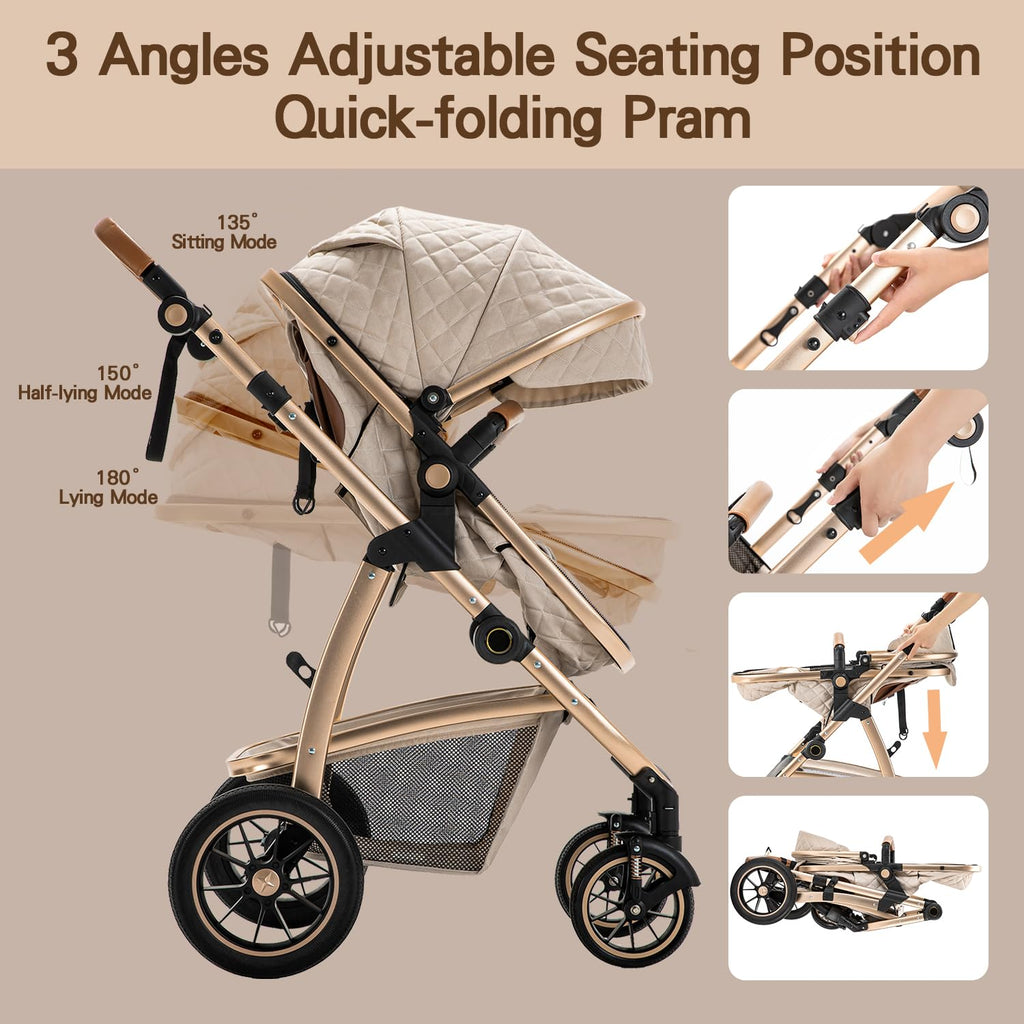 Gcarebb Passeggino 3 in 1, Buggy con Ovetto, Set Completo Passeggino Regolabile in Altezza, Passeggino Combinato con Telaio in Alluminio per Neonati 0-4 Anni