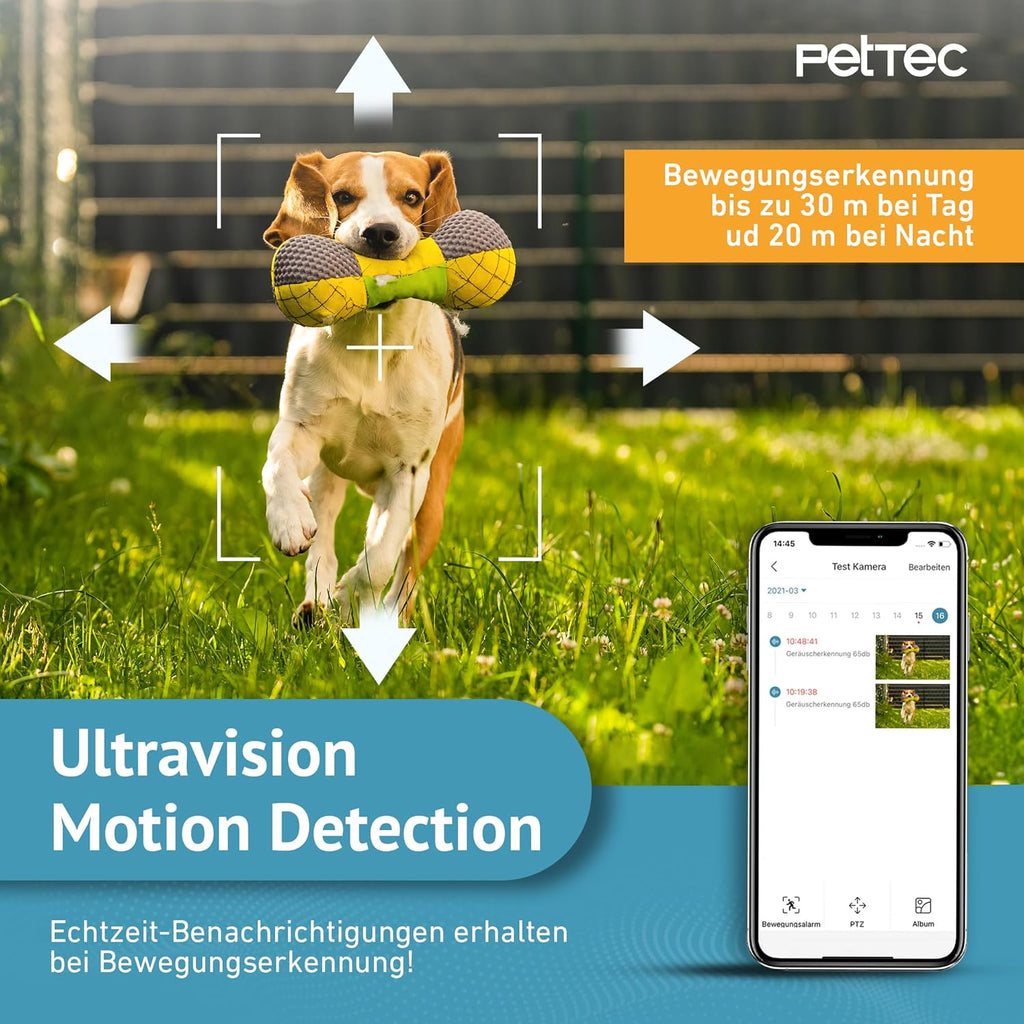 PetTec – Pet Cam Buddy Haustierkamera Futterautomat 8L für Katzen- & Hunde-Trockenfutter – Automatischer Futterspender mit WLAN & App-Steuerung -Inkl. 2-Wege-Audio, Bellerkennung & Nachtsicht