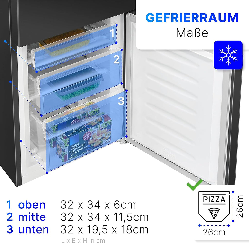 Bomann® Frigorifero con congelatore alto 143cm | Combinazione frigo-congelatore 175L con 3 ripiani e 3 cassetti | Porta reversibile | Combinazione frigo-congelatore silenziosa 39dB | Frigorifero KG 322.1 acciaio inox-look