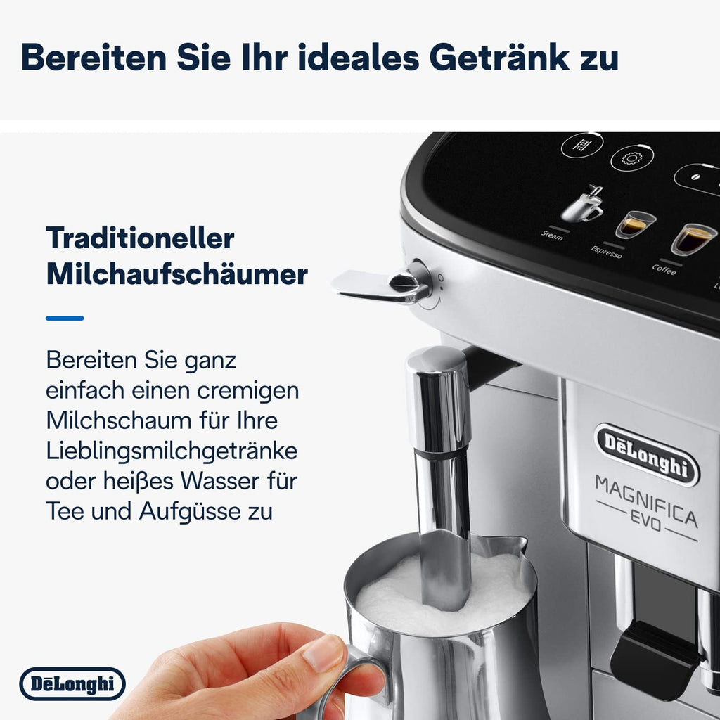 De'Longhi Magnifica Evo ECAM 292.33.SB Macchina da caffè automatica con lancia vapore, 5 pulsanti diretti per espresso, caffè e specialità di caffè, pannello di controllo intuitivo, funzione 2 tazze, argento/nero
