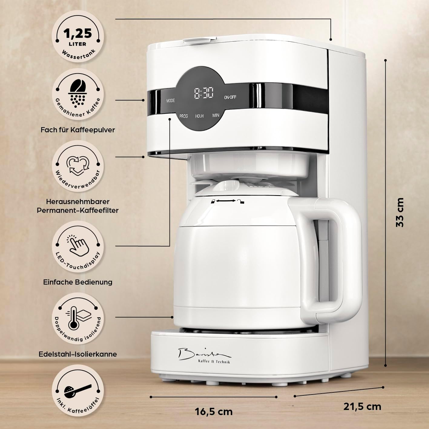 Barista Kaffeemaschine mit Mahlwerk | Filterkaffeemaschine mit Glaskanne | 900W Filtermaschine mit Touchdisplay & Timerfunktion für bis zu 10 Tassen | 1,25 Liter Kaffeekanne | Für Bohnen & Pulver