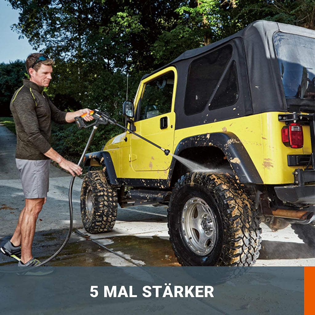 WORX WG620E.2 Akku Hochdruckreiniger Hydroshot 20V – Mobiler Hochdruckreiniger inkl. Multi-Sprühdüse, Waschbürste, Schaumdüse, Flaschenadapter, 6m Schlauch, Ladegerät & 20V Li-Ion Akku