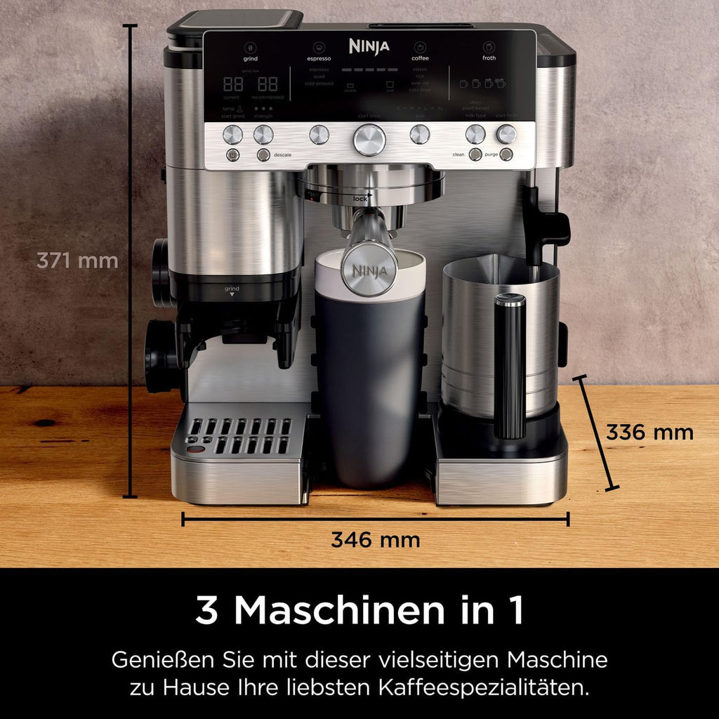 Ninja Luxe Essential Macchina da caffè 2-in-1 con macinacaffè e montalatte per latte, cappuccino ed espresso, facile da usare, 2 impostazioni predefinite per la schiuma, argento, ES501EU