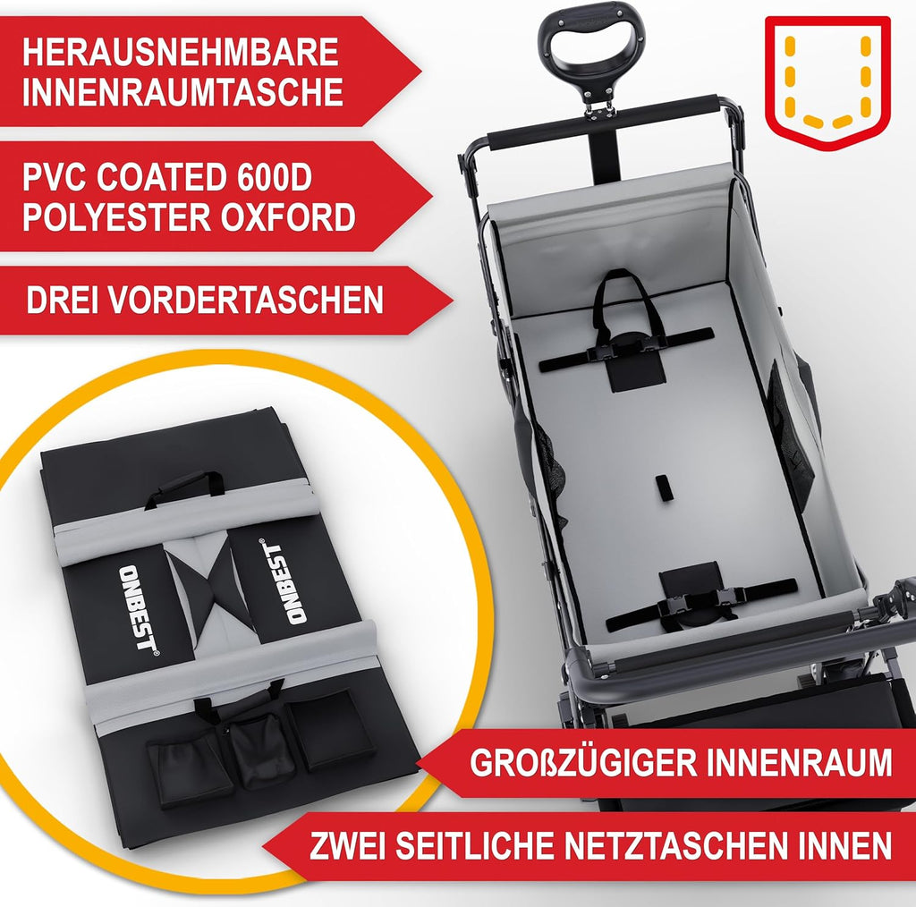 ONBEST Carretto Pieghevole - Con Parapioggia - Carrello Pieghevole con Tetto 100 kg di Carico - Tetto Parasole - Borsa Termica - Portabicchieri - Outdoor - Carrello da Spiaggia Pieghevole (Nero)