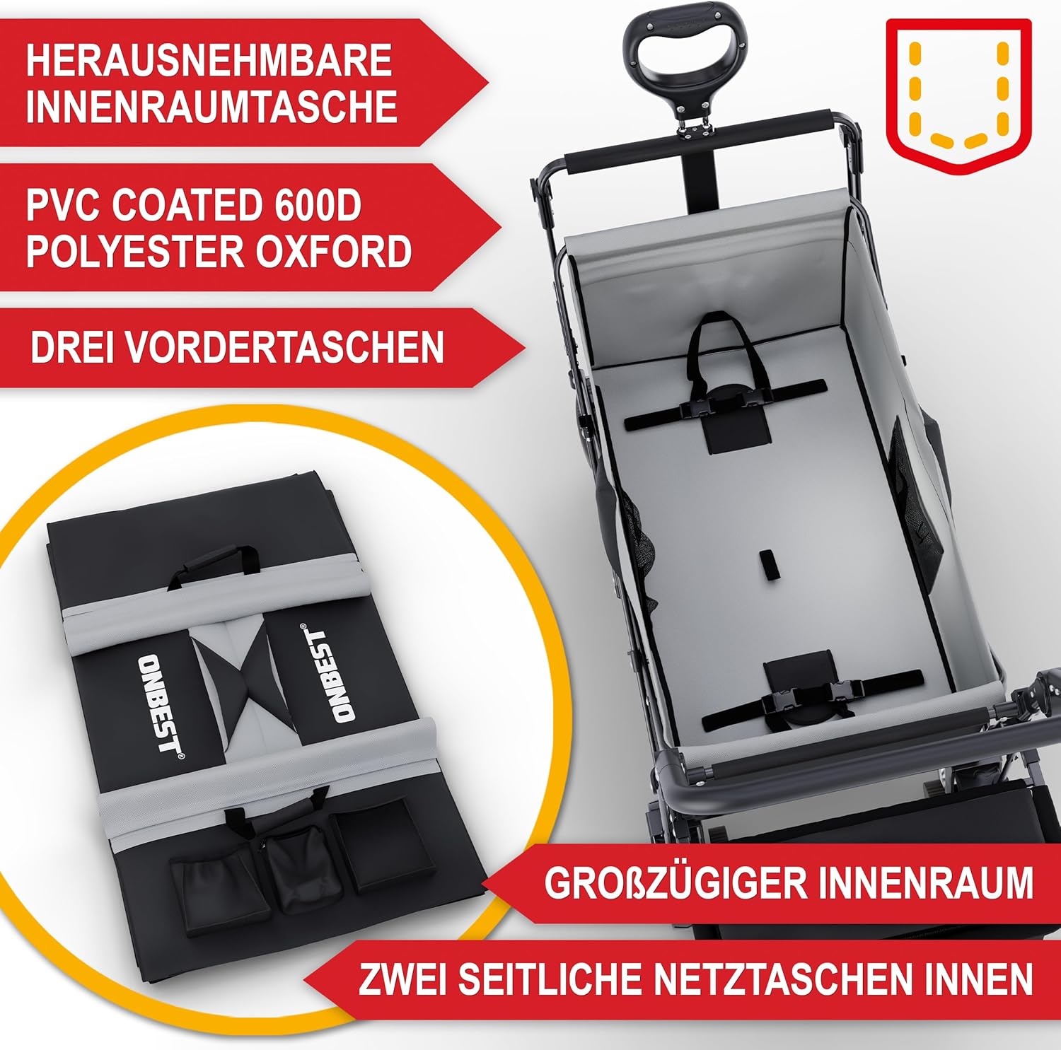 ONBEST Carretto Pieghevole - Con Parapioggia - Carrello Pieghevole con Tetto 100 kg di Carico - Tetto Parasole - Borsa Termica - Portabicchieri - Outdoor - Carrello da Spiaggia Pieghevole (Nero)