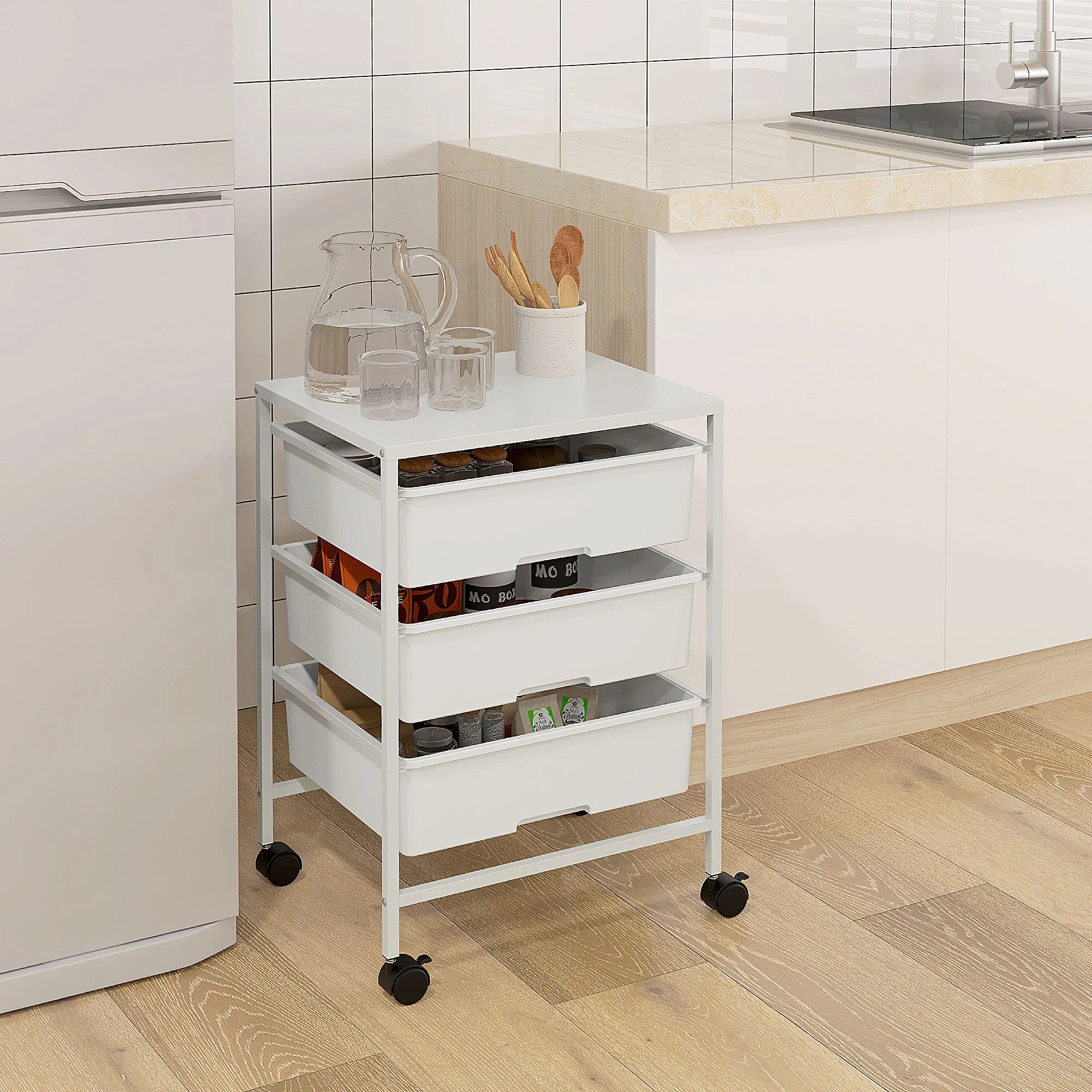 HOMCOM Carrello da Cucina con Ruote a 3 Cesti, Carrellino Salvaspazio, Bianco