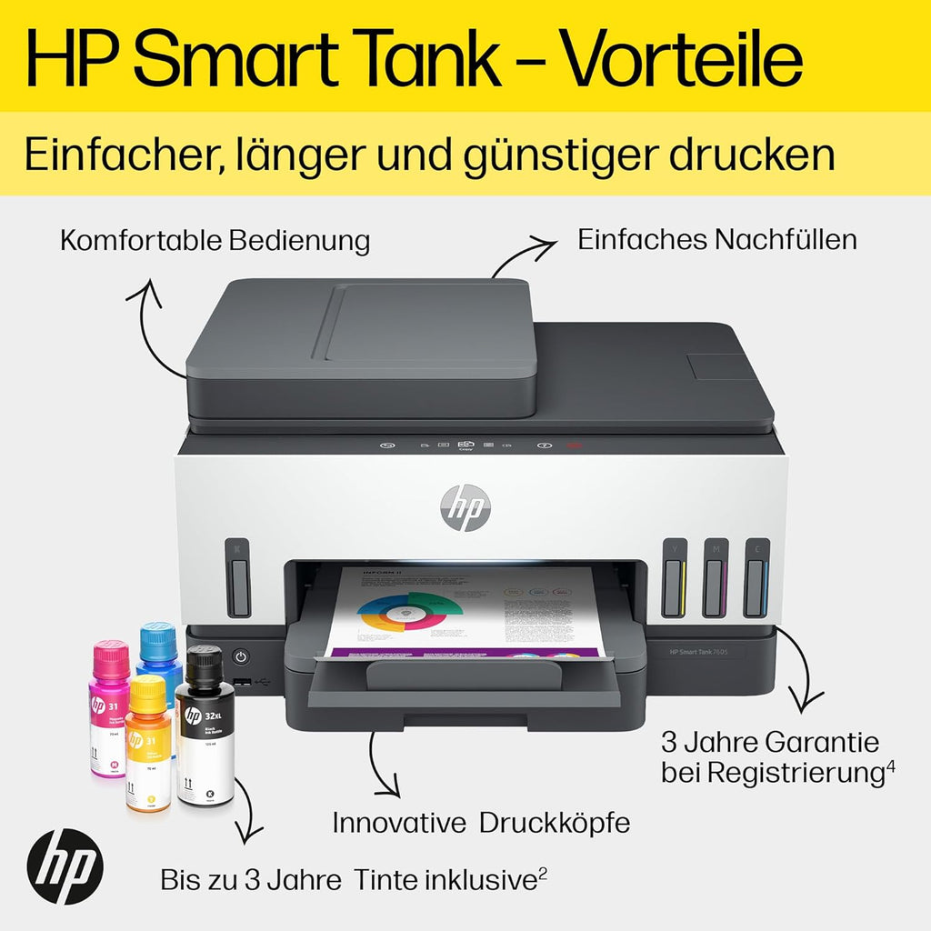 Stampante multifunzione 4 in 1 HP Smart Tank 7605 (Wi-Fi; fronte/retro; ADF) – 3 anni di inchiostro incluso, 3 anni di garanzia, serbatoio d'inchiostro grande, alta resa, stampa di alta qualità