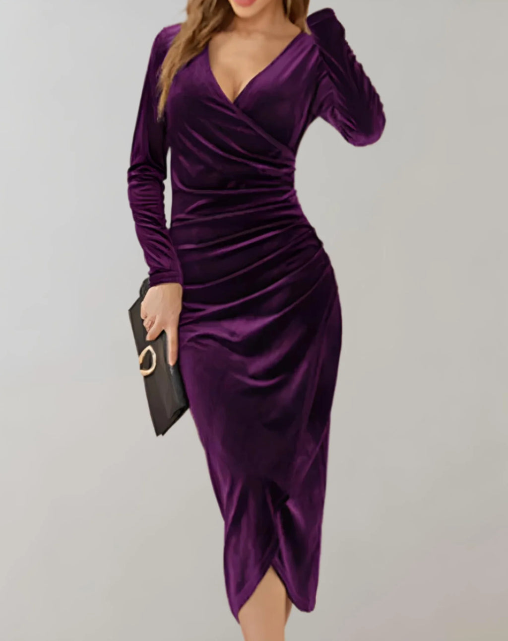 Wickelkleid aus Samt mit langen rmeln und Rüschen für eine Cocktailparty mit V-Ausschnitt