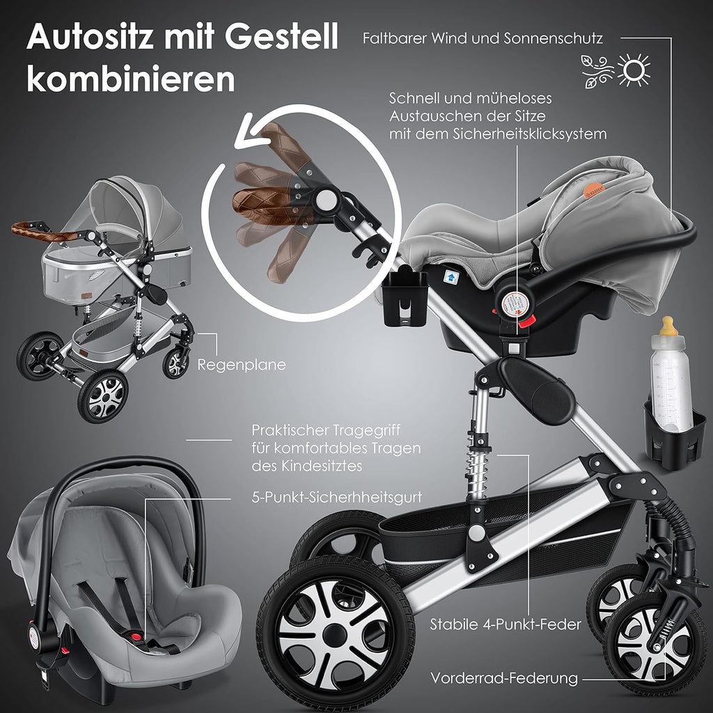 KESSER Loops 3 in 1 Passeggino Combinato, Set Completo con Navicella, Seduta Sportiva Buggy e Seggiolino Auto Ovetto, Gomme Piene, Borsa Fasciatoio, Parapioggia, Tavolino, ECE R129, Nero/Champagne