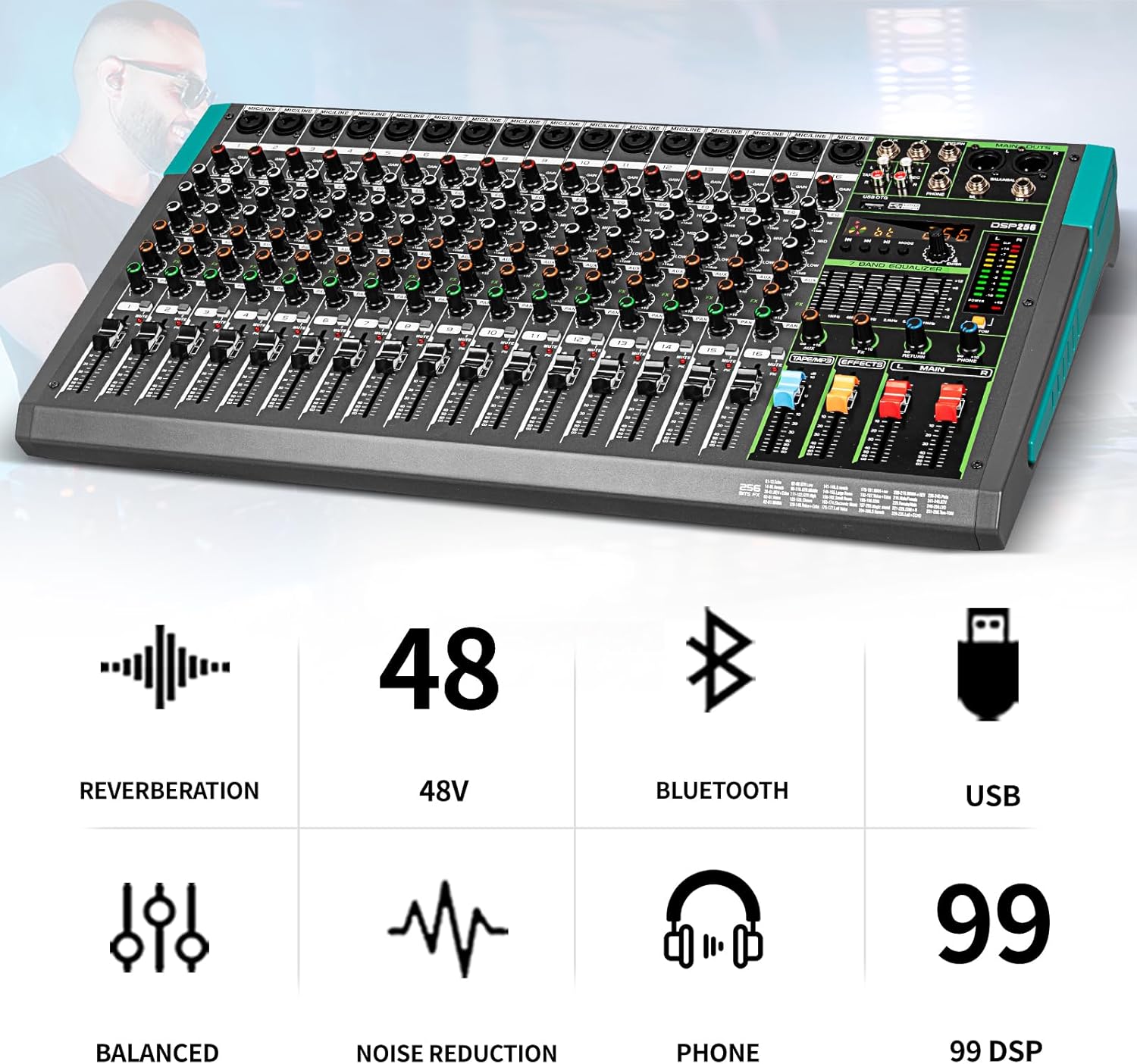 Depusheng PA12 Mixer DJ Professionale a 12 Canali con 256 Effetti DSP, Ingresso Bluetooth, Lettore USB, Alimentazione Phantom 48V