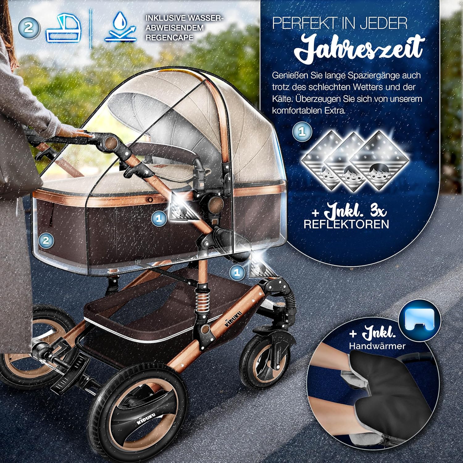 KIDUKU® Set completo passeggino 3 in 1 | Set passeggino combinato con navicella e sedile sportivo passeggino e seggiolino auto ovetto sacco a pelo | Ruote in gomma piena borsa per il cambio scaldamani parapioggia tavolino ECE R129