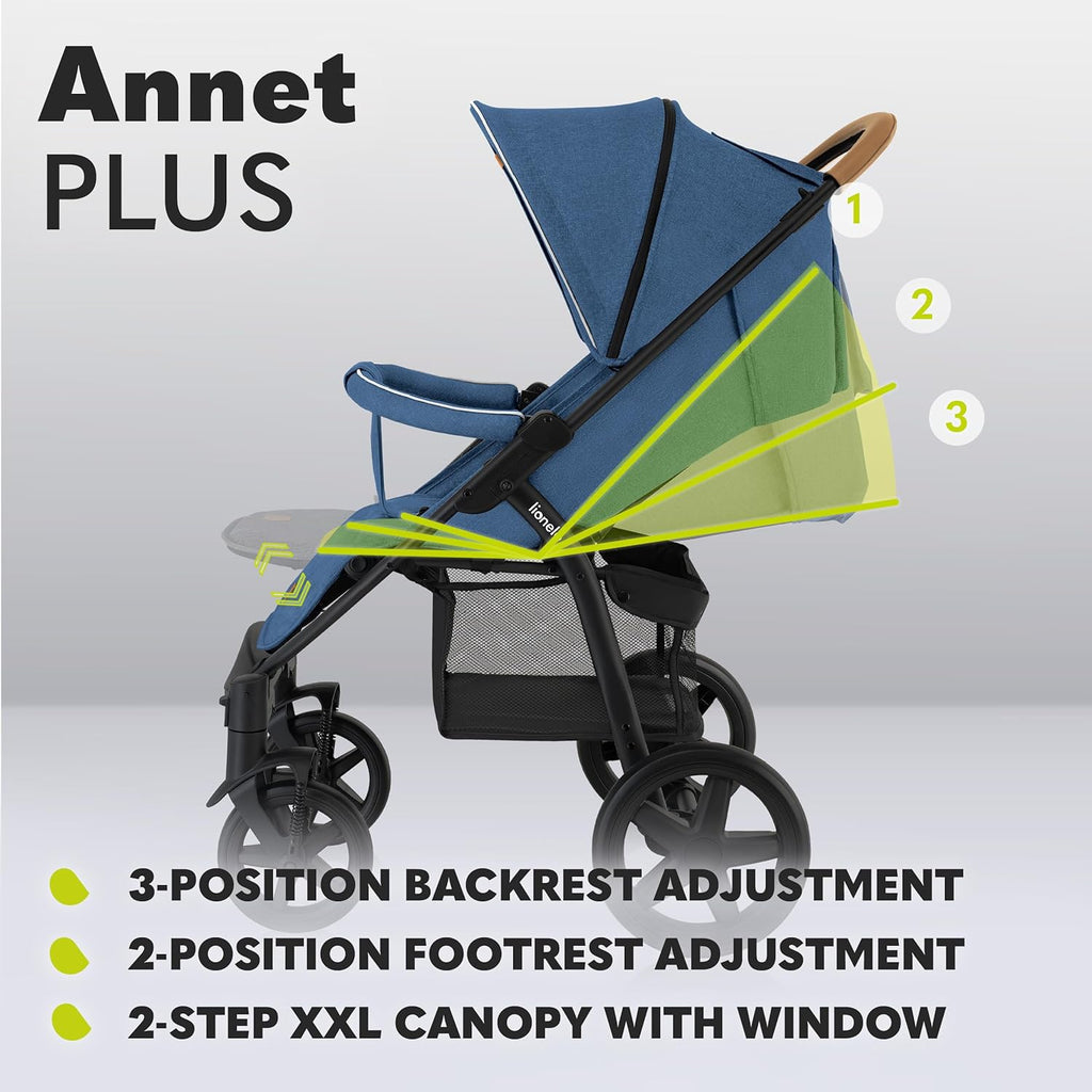 LIONELO Annet Tour Kinderwagen bis 22 kg, verstellbarer Griff, zusammenklappbar, verstellbare Rückenlehne bis zur Liegeposition, wartungsfreie Räder, XXL-Verdeck, 5-Punkt-Gurt, Einkaufskorb